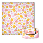 retro floral picnic rug on white background, shown open and folded with yellow and pink floral design