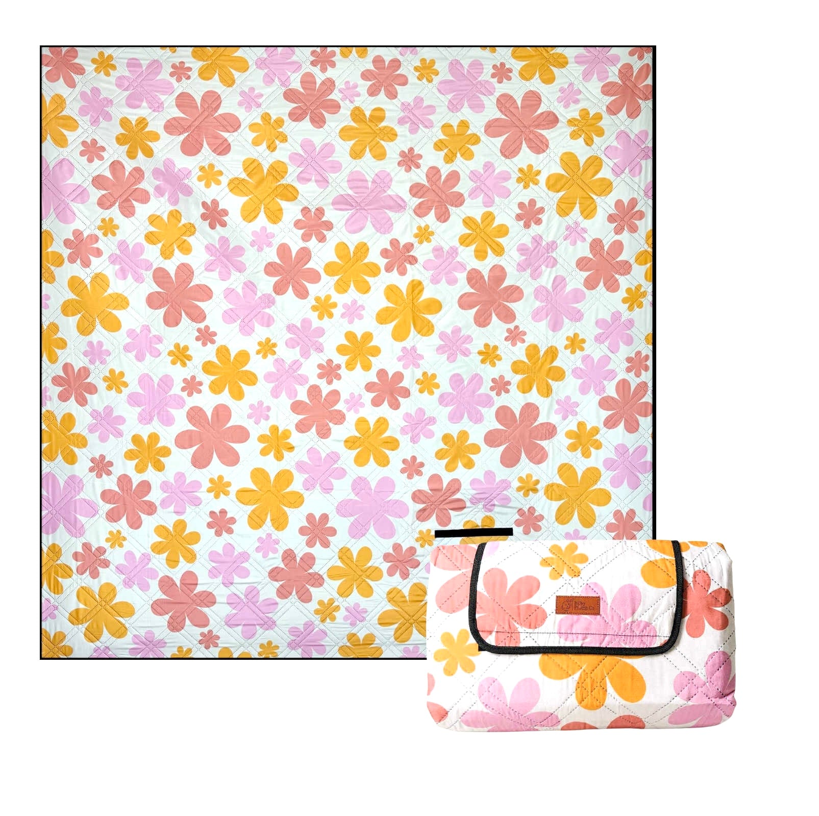 retro floral picnic rug on white background, shown open and folded with yellow and pink floral design